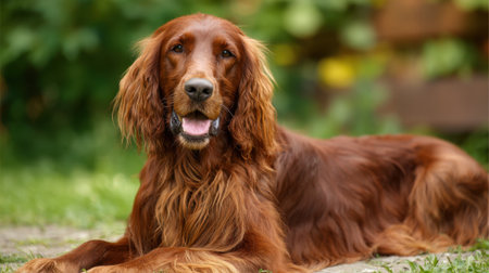 A cheerful and gentle Irish Setter lies on lush green grass, basking in the sun. This dog enjoys a peaceful moment in a beautiful garden, surrounded by vibrant plants.の素材