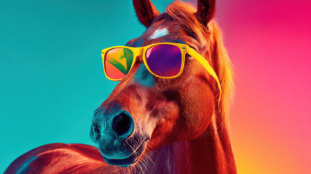 A horse with a shiny coat stands proudly, wearing vibrant yellow sunglasses. The background features a gradient of bright colors, adding a playful touch to the scene.の素材