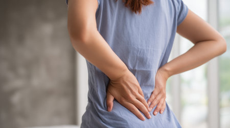 A young woman rubs her lower back showing discomfort in a softly lit indoor space.の素材