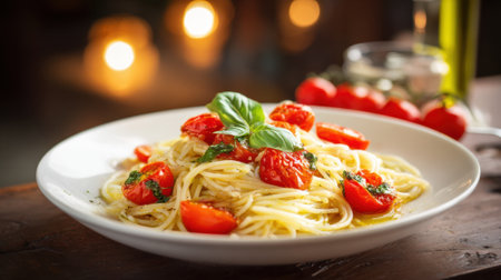 A plate of spaghetti topped with juicy cherry tomatoes and fresh basil sits on a wooden table. Soft lighting creates a warm atmosphere in the restaurant, enhancing the meal's appeal.の素材
