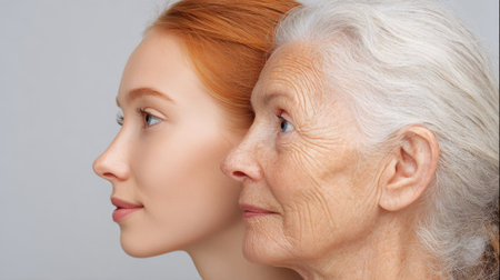 Two women of different ages stand side by side showcasing unique facial features and expressions.の素材