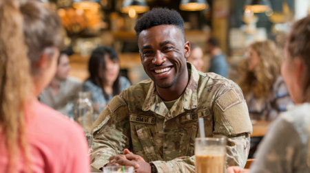 Soldier in uniform shares laughs and stories with friends while relaxing in a lively cafe.の素材