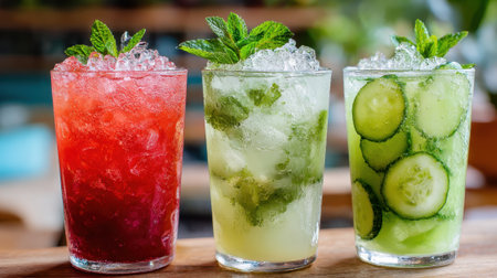 Three colorful beverages sit on a wooden table each topped with mint leaves and ice.の素材