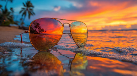 Colorful sunset is beautifully reflected in sunglasses resting on wet sand. Palm trees line the horizon, while calm ocean waves gently lap at the shore during the evening.の素材