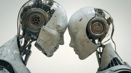 Two sleek robots lean towards each other their heads nearly touching in a serene moment showing advanced technology.の素材