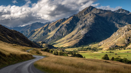 A winding road curls through lush green fields surrounded by towering mountains under a vibrant sky.の素材