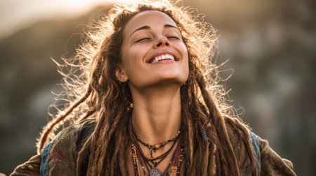 Joyful woman stands confidently outdoors surrounded by nature as the sun sets radiating happiness.の素材