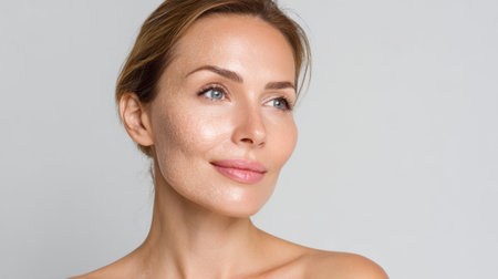 Woman displays a fresh and natural look highlighting her glowing skin and serene expression.の素材