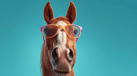 A horse with a reddish-brown coat stands confidently, sporting large colorful sunglasses. The vibrant blue background enhances its playful appearance and personality.の素材