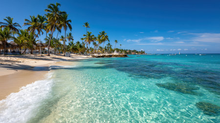 Gentle waves lap against a sandy shoreline lined with tall palm trees under a clear blue sky. The vibrant turquoise water sparkles in the sunlight, inviting relaxation and enjoyment.の素材