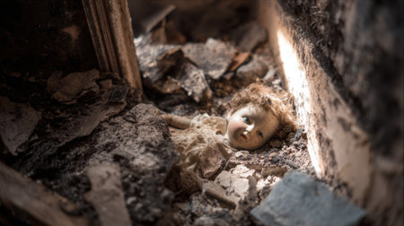 A worn doll lies buried in debris inside an old, abandoned structure, highlighting the passage of time and forgotten memories in a once-loved place.の素材