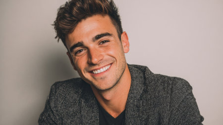 A young man beams with happiness, dressed in a smart jacket and posing against a neutral backdrop. His friendly expression radiates warmth and confidence.の素材