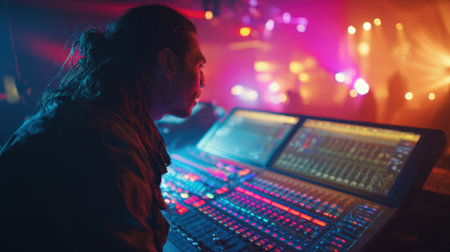 Live music scene captures sound engineer focused on adjusting audio levels amid colorful stage lights.の素材