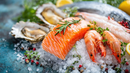 A vibrant seafood platter displays fresh shrimp, salmon, and oysters, garnished with herbs and lemon. The colorful arrangement sits on a bed of ice, enhancing its freshness.の素材