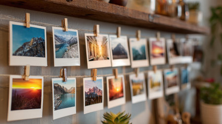 Various landscape photos hang on a wooden shelf showcasing vibrant travel memories and adventures.の素材