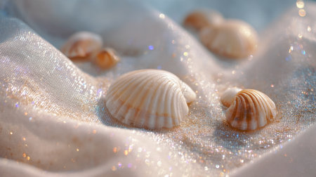 Seashells are gently placed on a sparkling fabric illuminated by golden sunlight creating a serene moment.の素材
