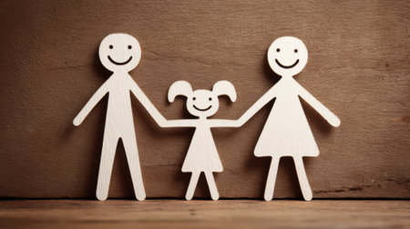Wooden figures of a smiling mother, father, and their young daughter stand hand in hand on a wooden surface, representing family connection and joy. The warm tones add to the cheerful atmosphere.の素材