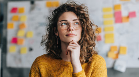 A woman with curly hair and glasses ponders creatively in a bright office with post it notes.の素材