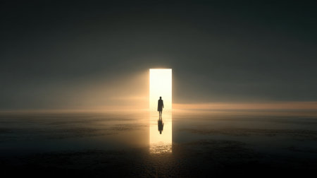 A mysterious figure stands still before a glowing doorway reflecting tranquility and hope by water.の素材
