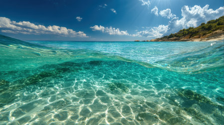 Sunlight dances on the clear turquoise waves revealing the sandy ocean floor beneath.の素材
