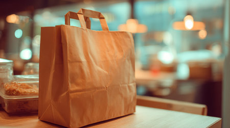 A brown paper bag sits on a wooden table hinting at delicious food inside in a warm cafe.の素材