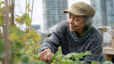A joyful woman tends to her rooftop garden surrounded by fresh plants and vibrant city views.の素材
