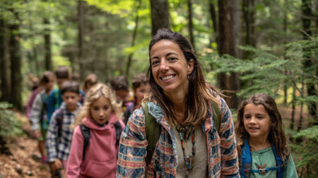 A joyful leader walks with children through a vibrant forest filled with greenery.の素材
