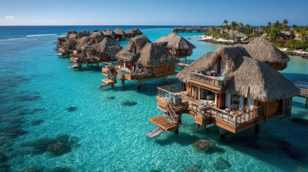 Stunning view of unique bungalows on stilts over a blue lagoon surrounded by palm trees.の素材