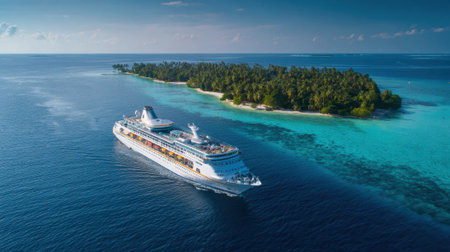 A large cruise ship sails through bright turquoise waters close to a green island filled with palm trees. The sky is clear, showcasing a beautiful day at sea.の素材