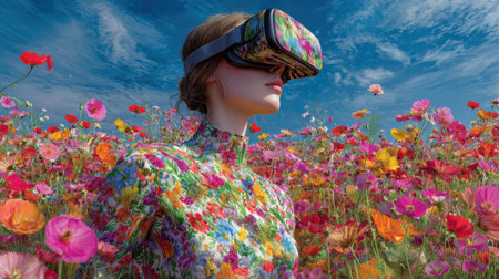 Person experiences a digital world while surrounded by colorful blooming flowers under a bright sky.の素材