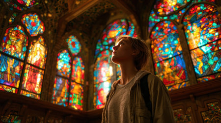 A young person gazes upwards captivated by the bright stained glass windows.の素材