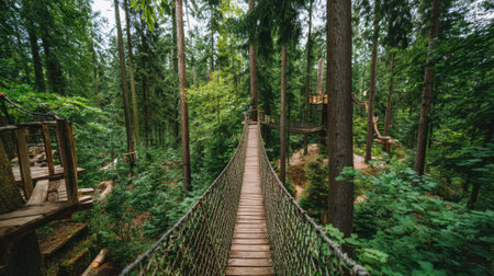 A serene pathway made of wood and rope connects treehouses high in the green forest.の素材