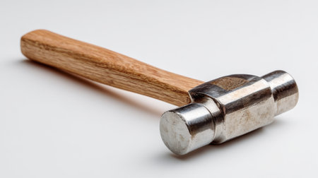 A sturdy hammer lies on a white surface showing its metal head and wooden handle in clear detail.の素材