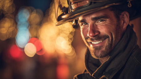 A firefighter stands confidently in a busy city illuminated by colorful holiday lights.の素材