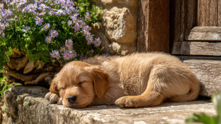 Golden retriever puppy rests on a sunny stone step with colorful flowers nearby providing a serene scene.の素材