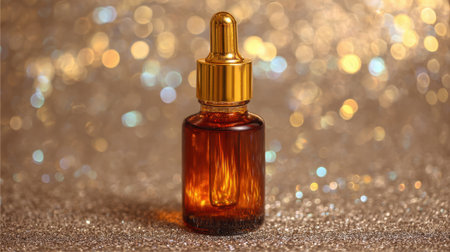 A dropper bottle filled with amber liquid sits on a glimmering surface reflecting light beautifully.の素材
