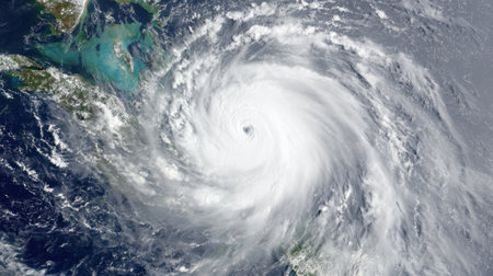 A large and intense hurricane spins over the ocean, creating a swirling pattern of clouds and winds. The storm is positioned near tropical islands and shows potential to impact coastal regions.の素材