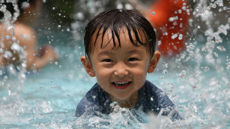 A joyful boy is smiling widely while splashing water at a swimming pool. Sunlight glistens on the water, creating a fun atmosphere for children playing nearby.の素材