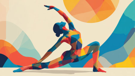 A graceful figure strikes a yoga pose amidst vibrant colors embodying peace and creativity.の素材