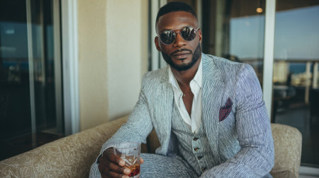 A well dressed man sits comfortably in a chic lounge savoring a drink and enjoying the scenery.の素材