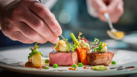 Skilled chef artistically finishes a gourmet plate with precision and creativity in a vibrant kitchen.の素材