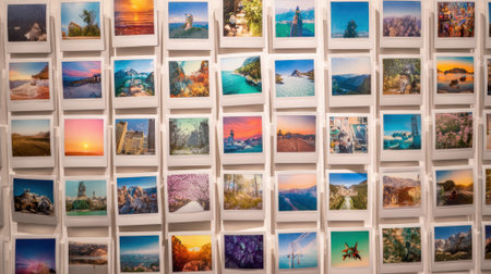 A vibrant display features numerous landscape photos that capture scenic beauty from different places.の素材