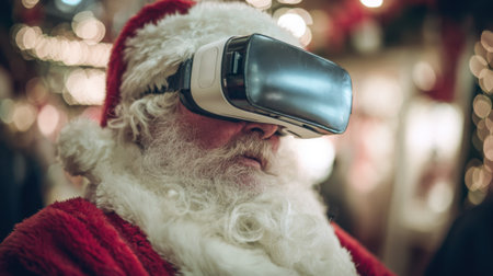 Santa joyfully explores virtual worlds while enjoying the holiday spirit at a vibrant market.の素材