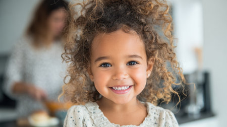 A cheerful young girl with curly hair stands in a warm kitchen, smiling at the camera. An adult is seen preparing food in the background, creating a joyful atmosphere.の素材