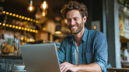A man with curly hair sits at a table in a warm cafe, happily typing on his laptop. Bright lights and decor create a relaxed atmosphere for productivity.の素材