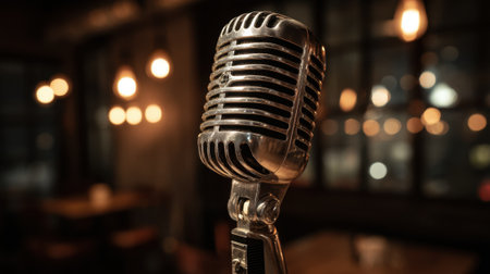 Vintage microphone awaits the performer surrounded by soft lights in a charming music venue.の素材