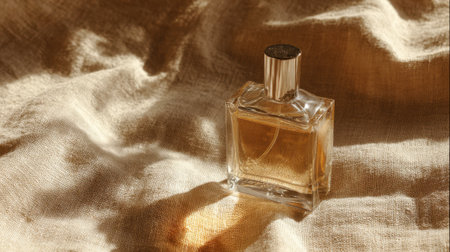 A glass bottle of perfume sits gracefully on textured fabric illuminated by warm sunlight.の素材