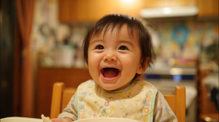 A cheerful baby is sitting in a wooden high chair, smiling and giggling during mealtime. The warm kitchen background adds a cozy touch to the happy moment.の素材