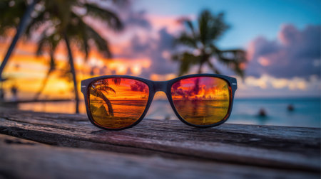 Sunset paints the sky with vibrant colors while sunglasses capture the stunning view at the beach.の素材