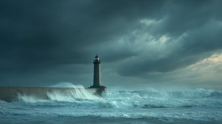 Waves crash fiercely against a sturdy lighthouse during a storm at dusk. Dark clouds loom overhead, adding tension to the coastal landscape. The scene captures nature's raw power.の素材